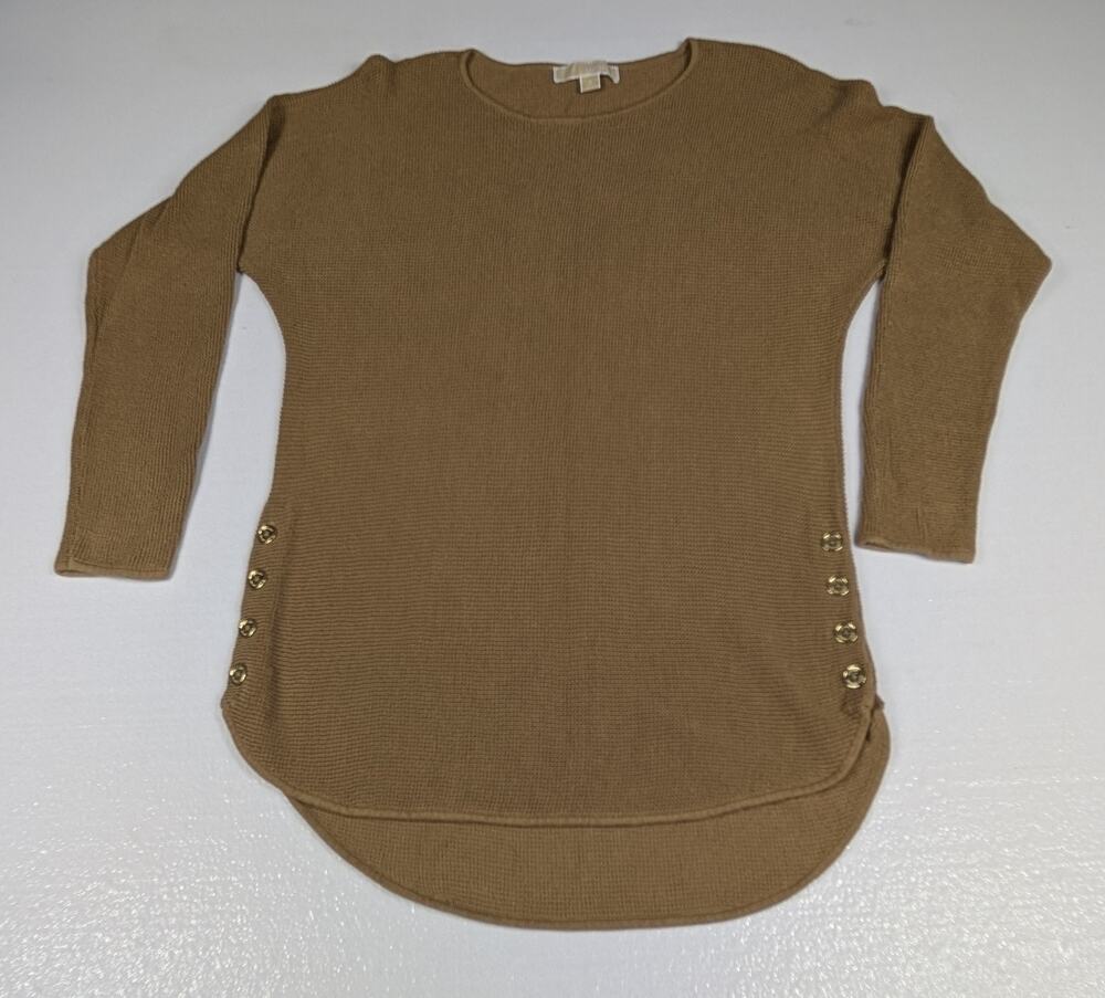 Michael Kors Sweater Womens Small Brown Long Sleeve Knit Tunic Scoop Neck Gold